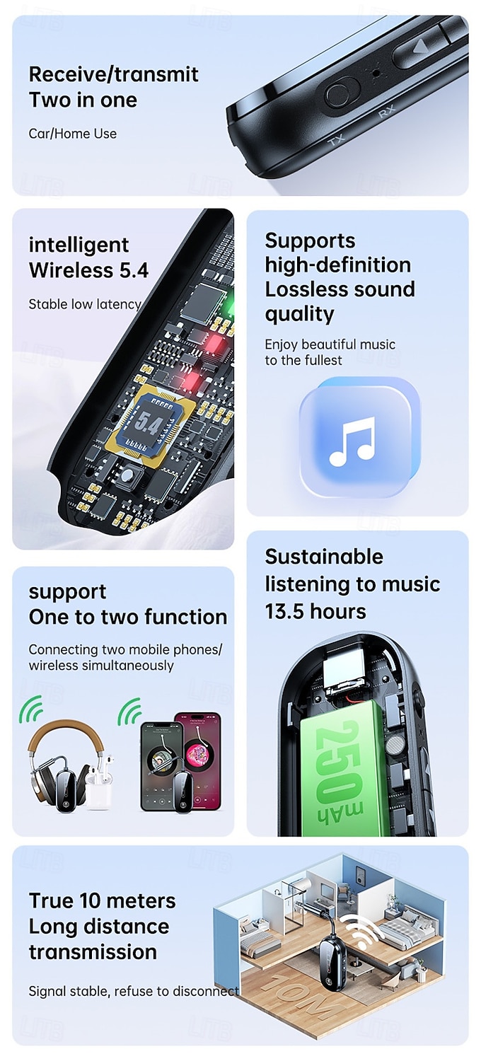 New Bluetooth 5.4 receiving transmitter car AUX two-in-one aircraft TV dedicated wireless transmitter one for two 2025 - $33.99 –P11