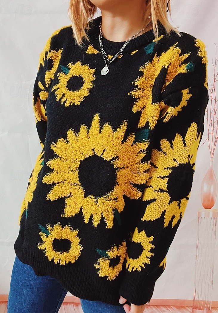 Women's Sweater Pullover Sweater Jumper Casual Soft Floral Ribbed Crew Neck Knitted Long Sleeve Regular Tops Knit Outdoor Daily Weekend Black Blue Fall Winter 2025 - $52.99 –P3