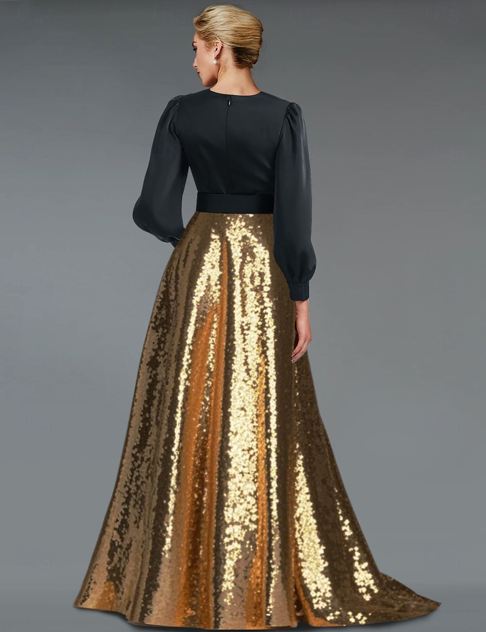 Gold Pailletten A-Linie Schwarzes Abendkleid Elegantes Kleid Smoking Kleid Formal Bodenlänge Langarm V-Ausschnitt Gürtel  Schärpe mit Schlitz 2025 - $199.99 –P2