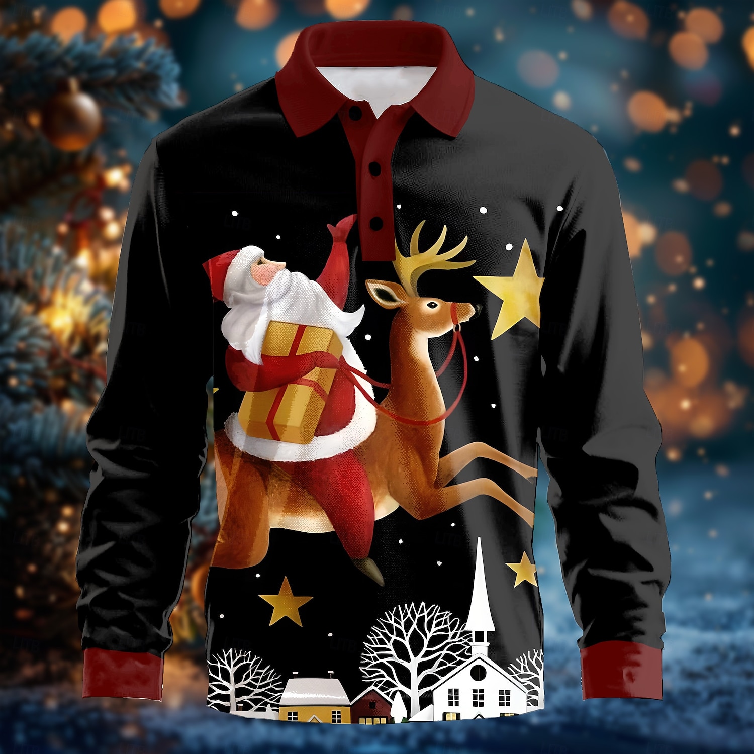 2025年 クリスマス 男性用 サンタクロース ルドルフ ポロシャツ ゴルフポロシャツ 長袖 ポロシャツ カラー カジュアル リゾート バケーション 日常着 3Dプリント ボタン 春 秋冬 ブラック  コレクション – $24.99 –P1