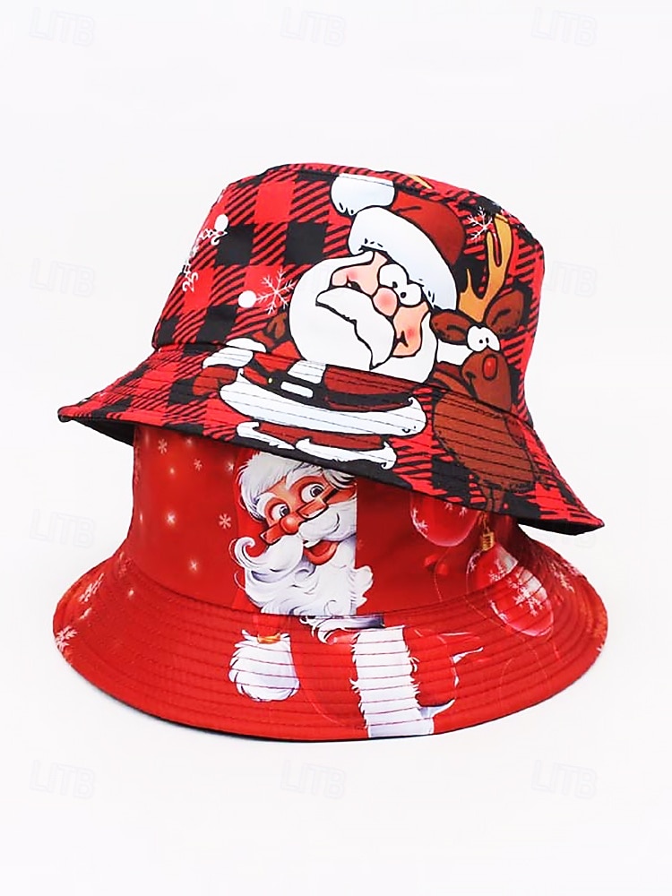 Reversible Christmas Bucket Hat Santa and Reindeer Design, Red