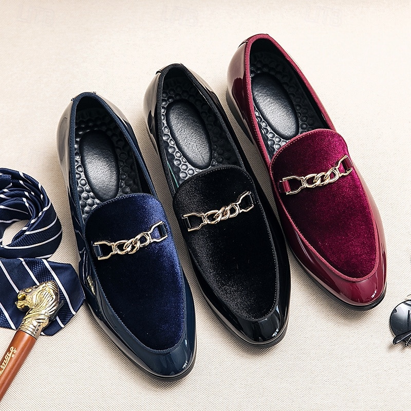 Mocasines de terciopelo burdeos para hombre con detalle de cadena dorada: elegantes zapatos de vestir sin cordones para eventos formales y fiestas 2025 - $46.99 –P1