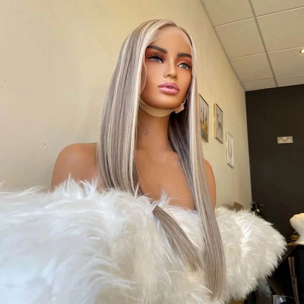 cabelo brasileiro remy cabelo virgem 13x4 peruca frontal de renda cabelo humano liso loiro acinzentado com mechas coloridas sem cola perucas de cabelo humano pré-arrancadas para mulheres de 2025 por $235.79 –P2