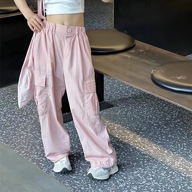 kinderkleidung Mädchen Hose Feste Farbe Strassenmode Tasche Schulanfang 4 Jahre + Frühling Rosa Beige Grau 2026 - $15.99 –P1