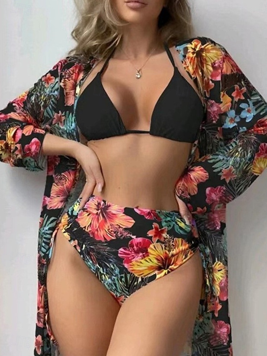 Dam Badkläder Bikini Tre delar Kalsonger Baddräkt Öppen rygg Hög midja Smal Semester Standkläder Blommig Halterneck Långärmad Baddräkter 2025 - $28.99 –P1