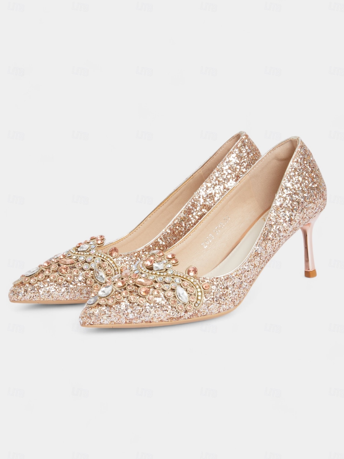 Pantofi cu toc de mireasă cu sclipici auriu și șampanie, pantofi stiletto cu cristale pentru nunți de lux și de seară 2026 - $59.99 –P2
