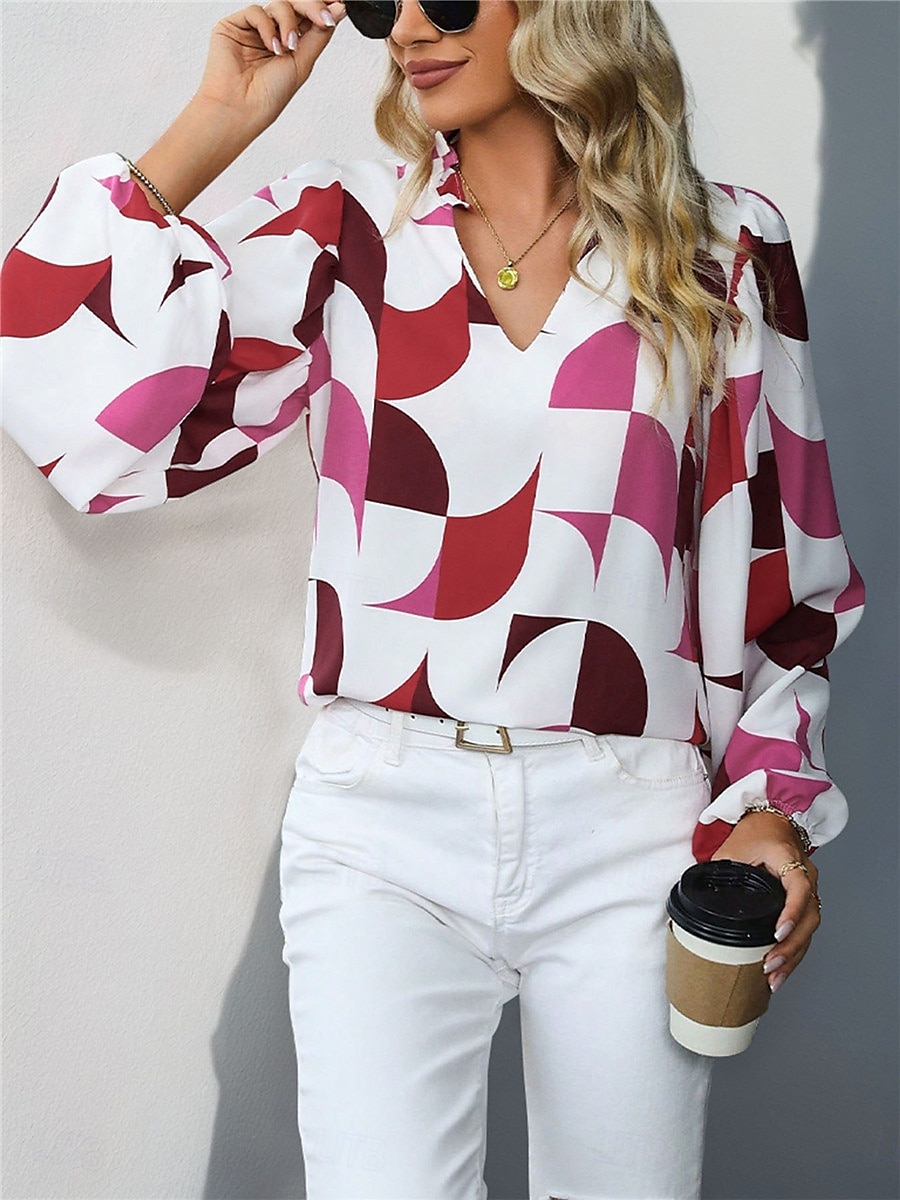 Dames Overhemd Blouse Geometrisch Casual Lange mouw Gekerfde nek Normale tops Dagelijks Afdrukken Zwart Wijn Herfst Winter 2025 - $29.99 –P5