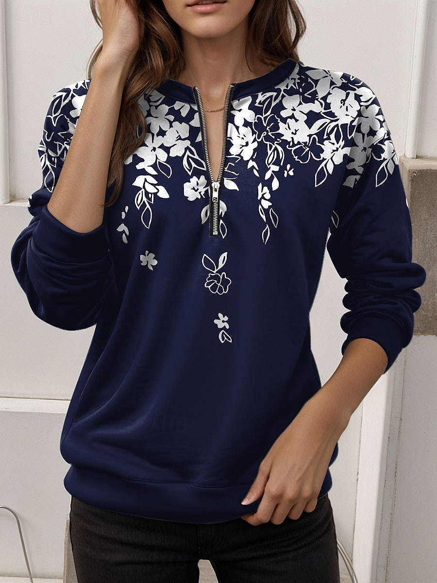 Sudadera de mujer de poliéster con estampado floral para uso diario, con cremallera, informal, cuello redondo, manga larga, microelástica, otoño e invierno, cómoda, transpirable, tejido suave 2025 - $27.99 –P1