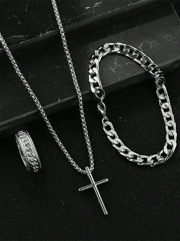 Men's Alloy Cross Necklace, Chain Bracelet, and Engraved Ring Set – Durable and Stylish Christian Jewelry 2025 - $11.99 –P1