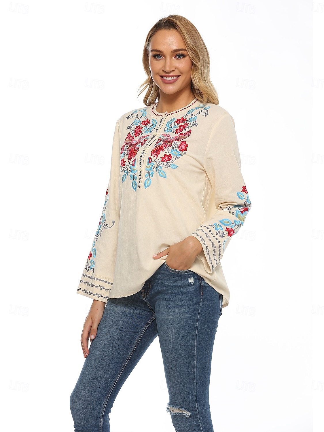 Dam Boho skjorta Linneinspirerade skjortor Blommig Blomma Ledigt Långärmad Biskop Rund hals Hög hals Vanliga toppar Alla hjärtans dag Arbete Dagligen Broderad Beige Vår, Höst, Vinter, Sommar 2025 - $34.99 –P4