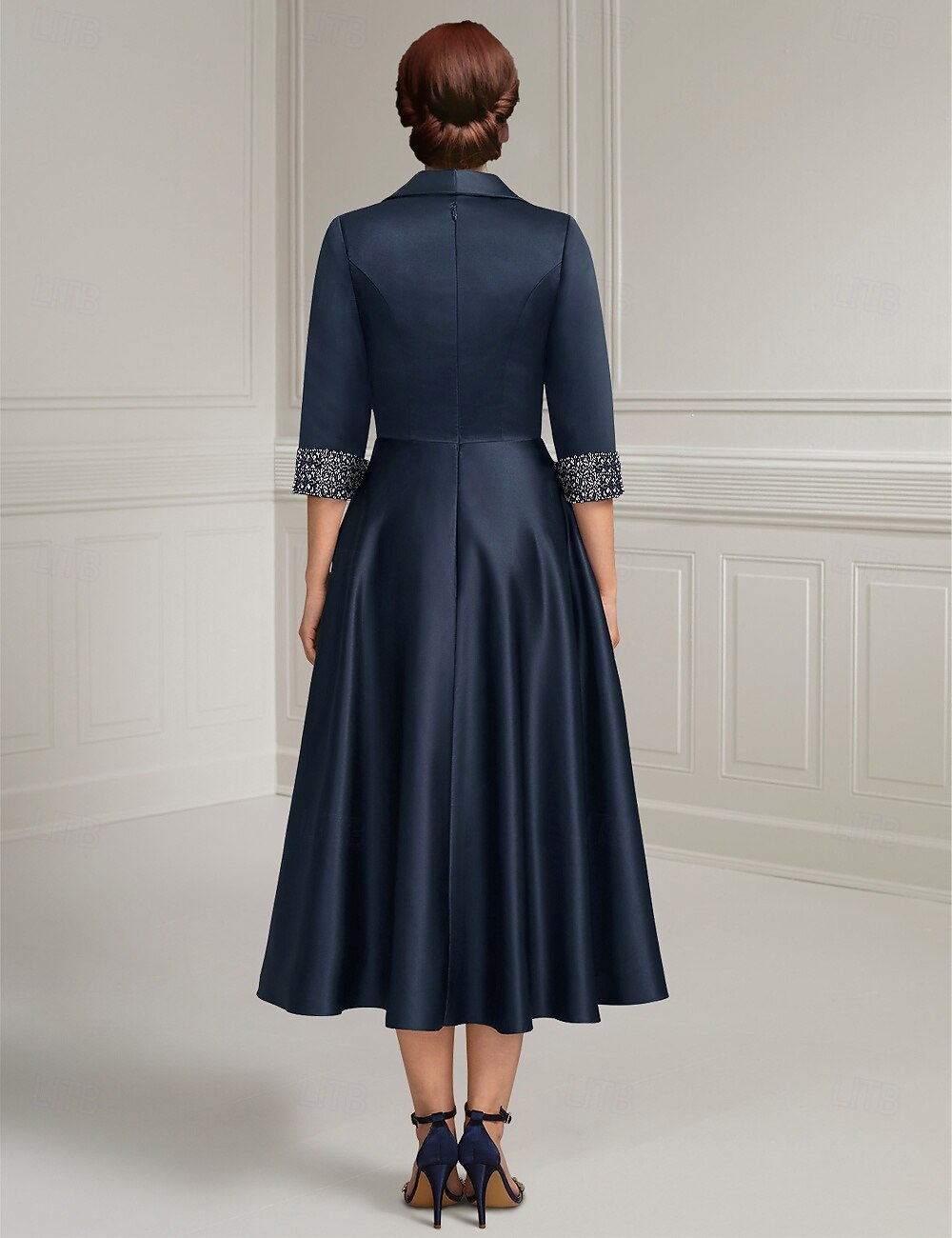 robe trapèze bleu marine robe mère de la mariée élégante satin simple col chemise longueur thé manches 3/4 avec ceinture/ruban perles couleur unie 2025 de 2025 ? $115.99 -P2