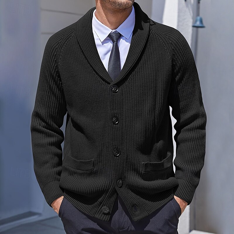 Men's Cardigan Sweater Knit Sweater Ribbed Knit Regular Button Up Side Pockets Solid Color Lapel Fashion Classic Daily Wear Date Clothing Apparel Fall & Winter Black Brown M L XL 2025 - $35.99 –P2