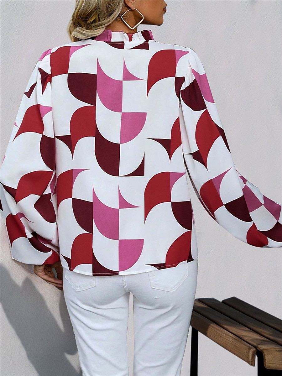 Dames Overhemd Blouse Geometrisch Casual Lange mouw Gekerfde nek Normale tops Dagelijks Afdrukken Zwart Wijn Herfst Winter 2025 - $29.99 –P2