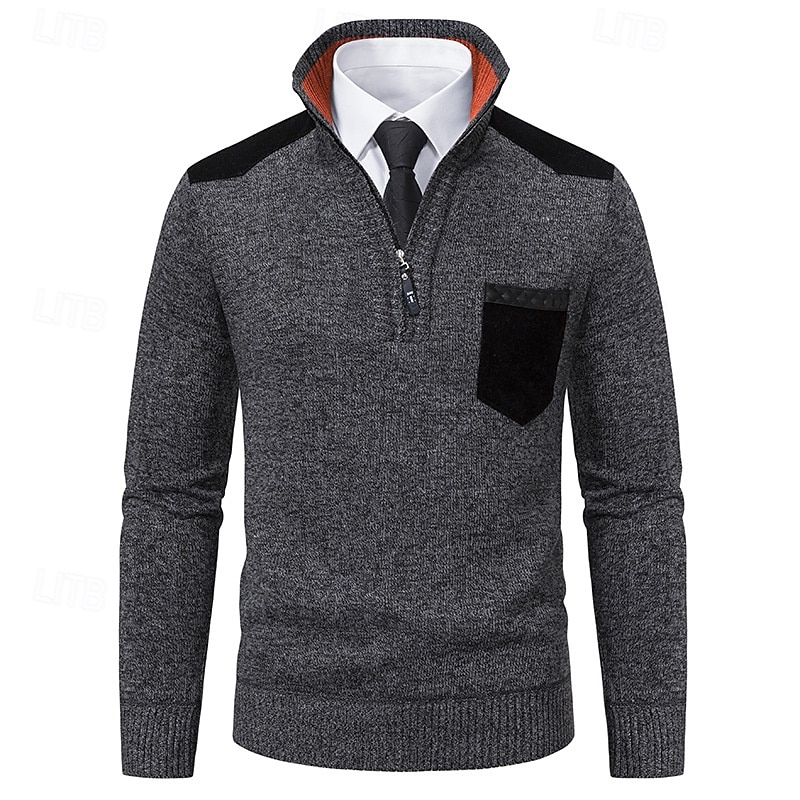 Herre Genser Tykk Strikke Lomme Halv glidelås Helfarge Høy krage Elegant Årgang Formell Hjem Klær Biskop Høst Vinter Rød Navyblå S M L 2025 - $27.99 –P7