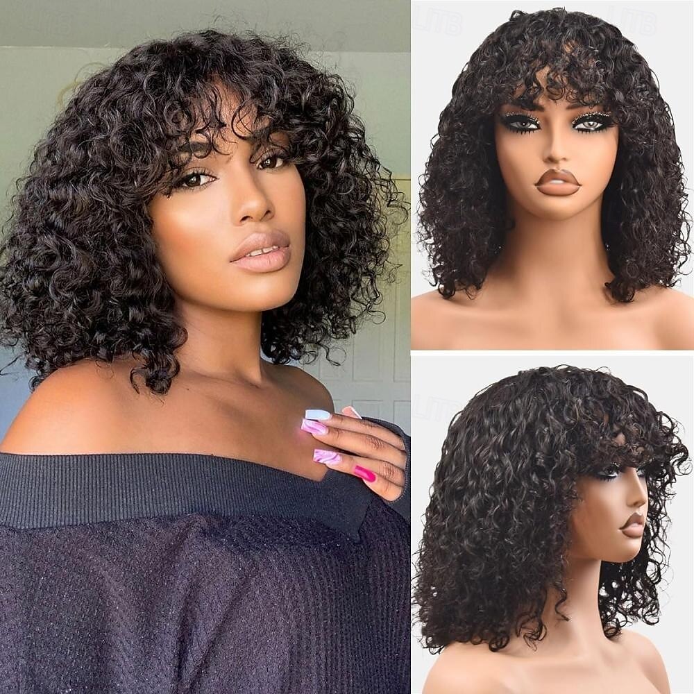 perucas curtas de cabelo humano cacheado peruca curta bob cacheado cabelo humano com franja para mulheres peruca curta sem cola onda de água cabelo humano com franja preto natural 12 polegadas de 2025 por $89.99 –P3