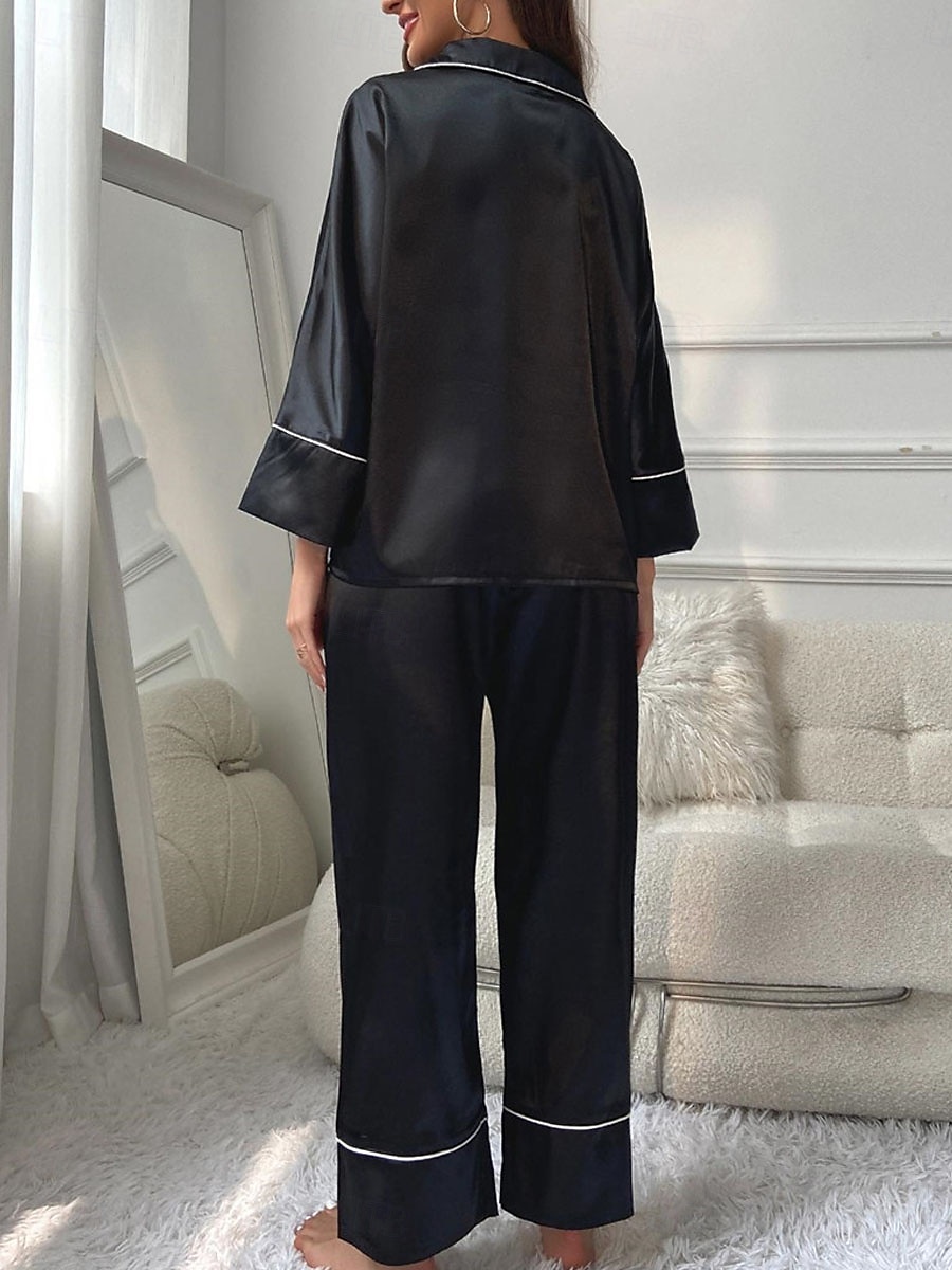 pyjamasset för kvinnor ren färg avslappnad komfort hem dagligen satin siden komfort varm lapel långärmad skjorta byxa knapp upp resår midja höst vinter hem outfits 2025 - $31.99 –P2