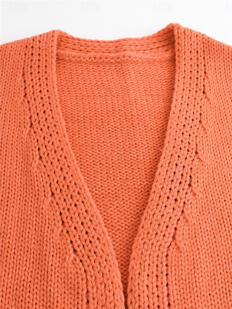 Per donna Felpa Cardigan Informale Morbido Colore puro A coste Apertura anteriore Tasche Lavorato a maglia Manica lunga Top regolari Maglia Esterno Giornaliero Fine settimana Arancione Autunno Inverno del 2025 a $56.99 –P4