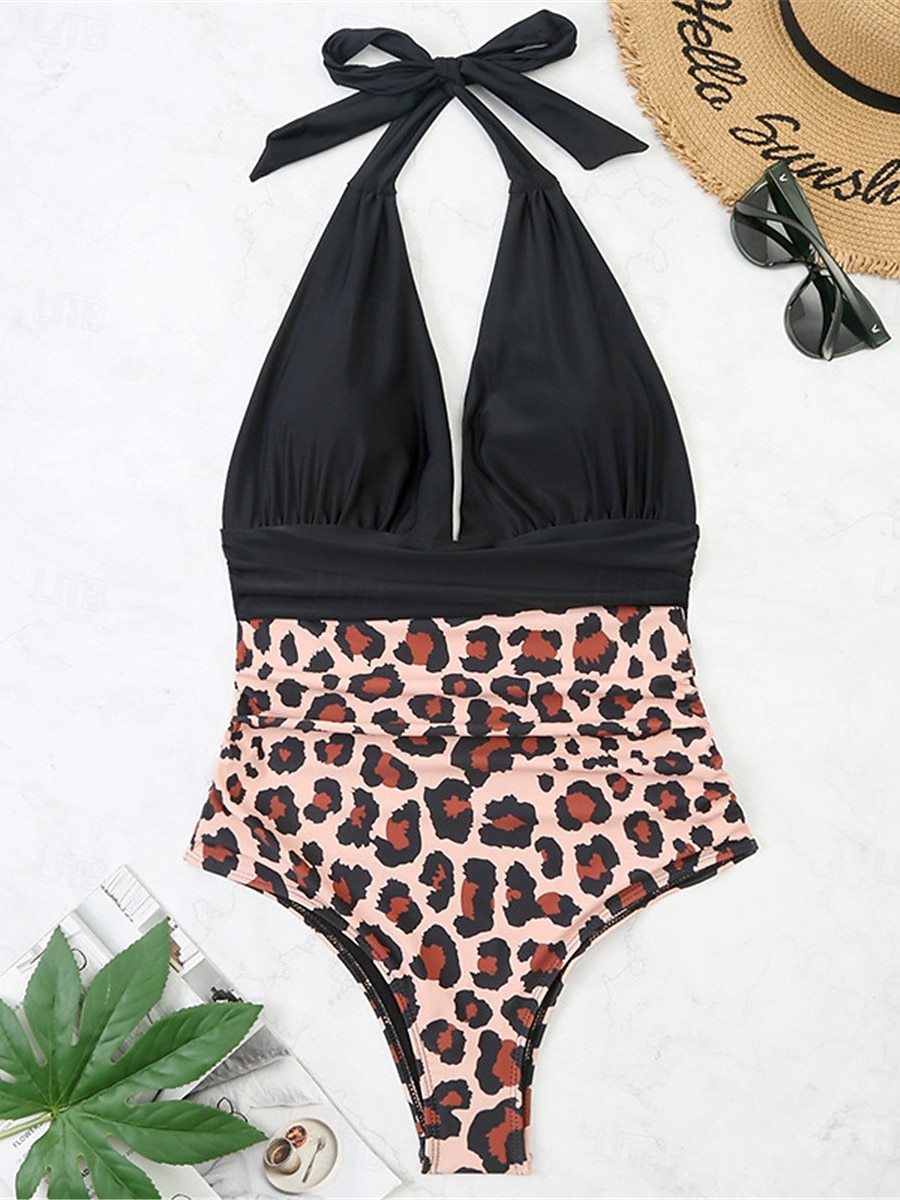 Dame Badetøy Ett stykke Monokini Badedrakt Åpen rygg Midjekontroll Høy Midje Tynn Ferie Strand Klær Leopard Grimehals Ermeløs Badedrakter 2025 - $25.99 -P3
