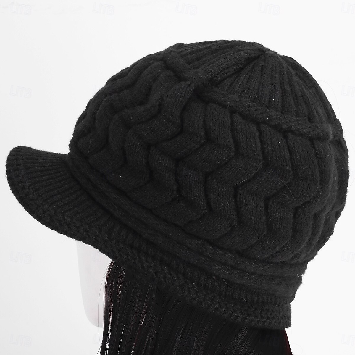 Gorro con peluca y extensiones de pelo largo y ondulado, gorro de punto con pompón para mujer, color negro, para invierno 2025 - $26.99 –P5