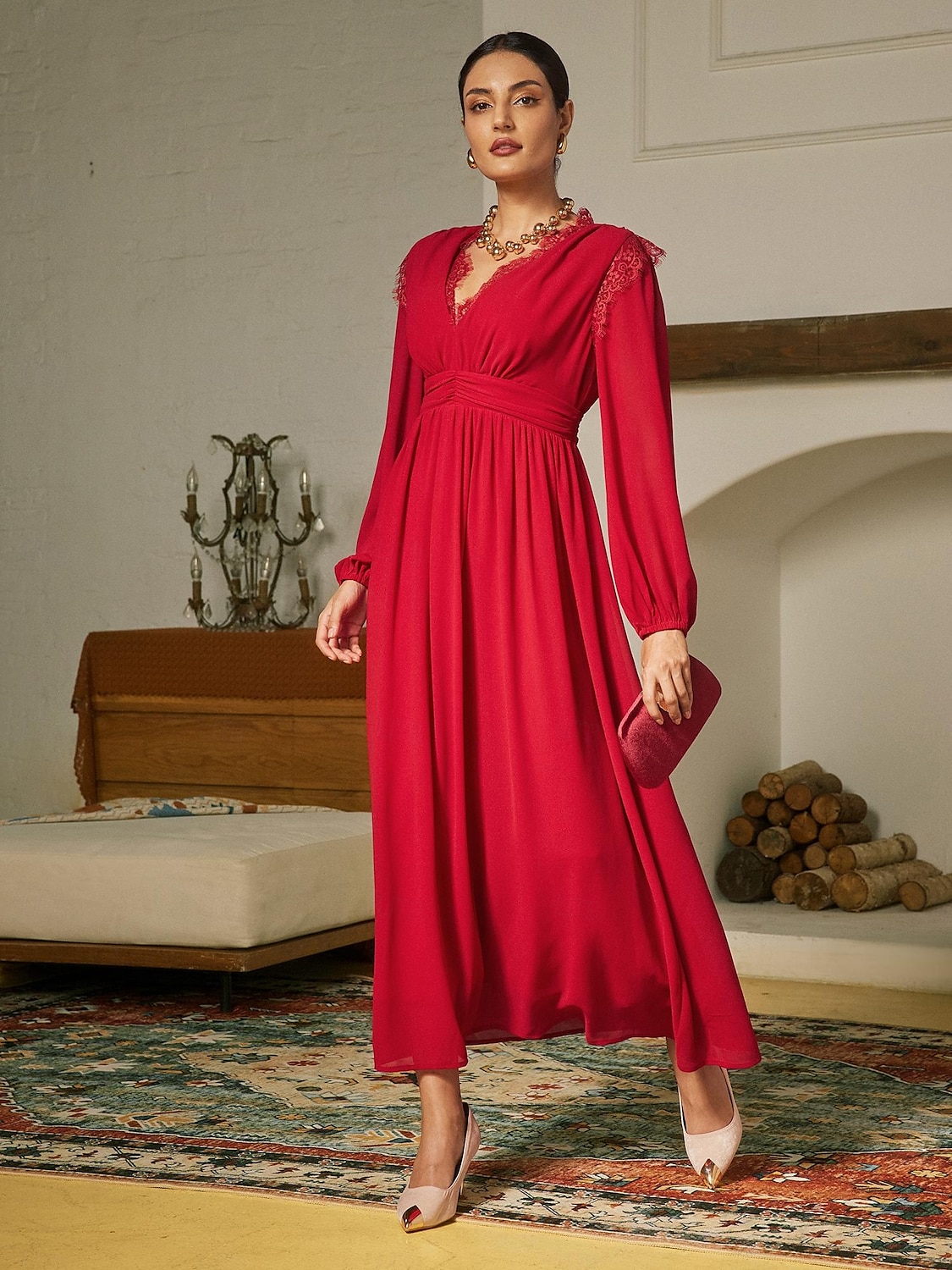 abito lungo da festa in chiffon rosso e pizzo con scollo a V del 2025 a $178.99 –P1