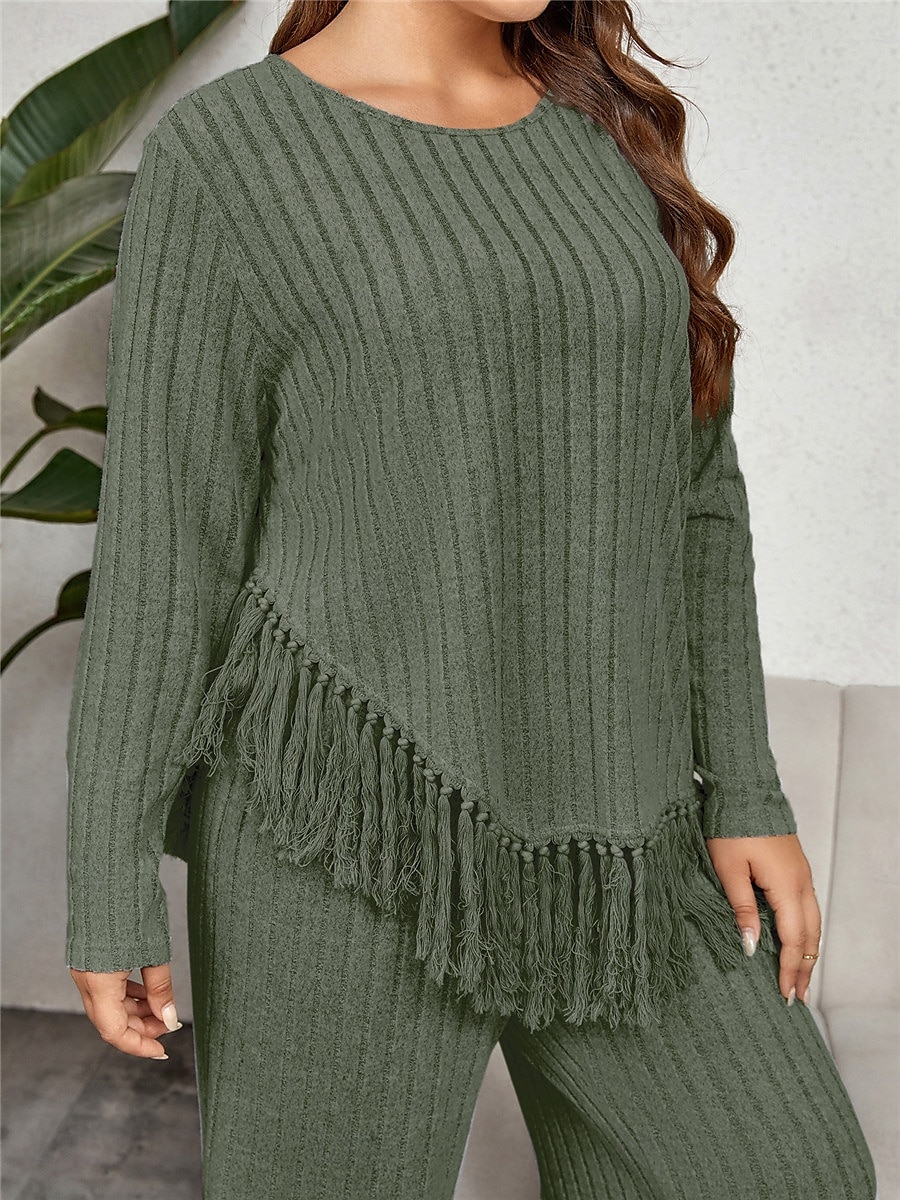 Femme Grande taille Hauts T shirt Tee Ensemble Couleur unie Franges manche longue Col Ras du Cou Décontractées du quotidien Polyester Automne Hiver Fuchsia Vert de 2025 ? $47.99 –P18