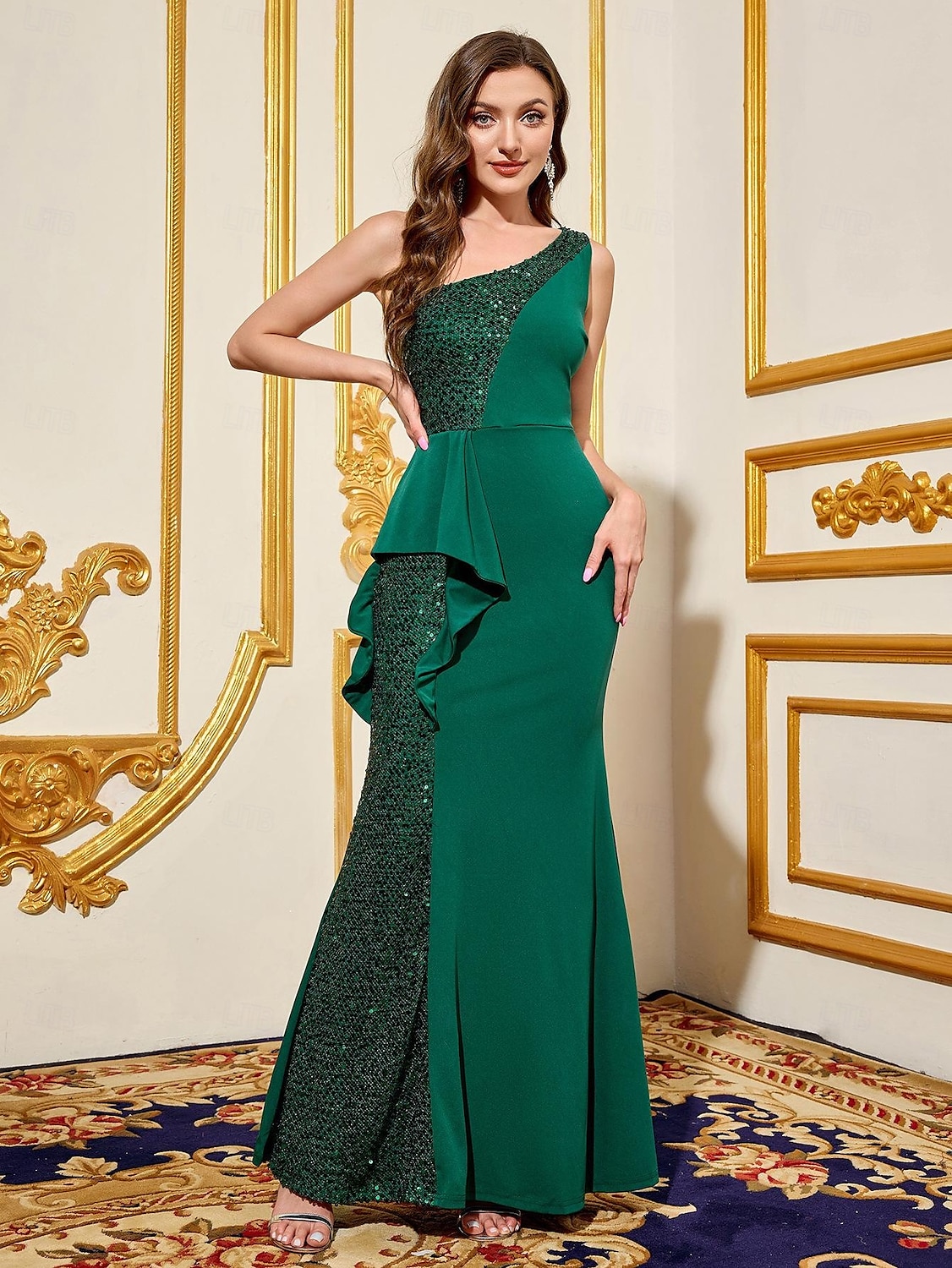Meerjungfrau Abendkleid Elegantes Kleid Formell Bodenlang Ärmellos Ein-Schulter-Tasche Stretch-Crepé mit Glitzer-Pailletten 2025 - $87.99 –P3