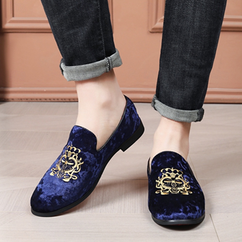 Mocasines de terciopelo azul marino para hombre con bordados dorados: elegantes zapatos sin cordones para eventos formales y fiestas 2025 - $46.99 –P3