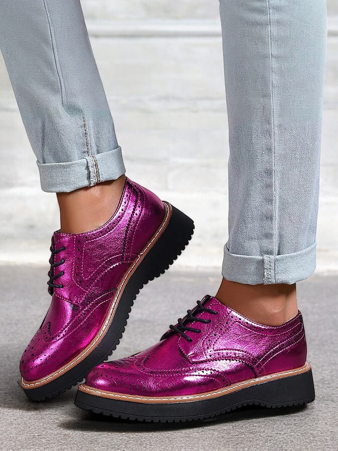 scarpe brogue oxford rosa metallizzato da donna con punta a coda di rondine, scarpe casual eleganti con lacci per feste ed eventi di moda del 2025 a $46.99 –P5