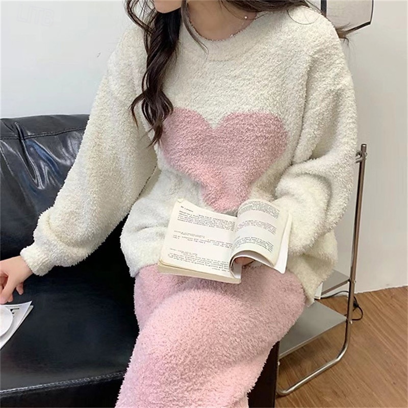 dam pyjamas loungewear 2 delar hjärtvärme komfort hem daglig fleece varm andas rund hals långärmad pullover byxa höst vinter hem outfits 2025 - $42.99 –P6