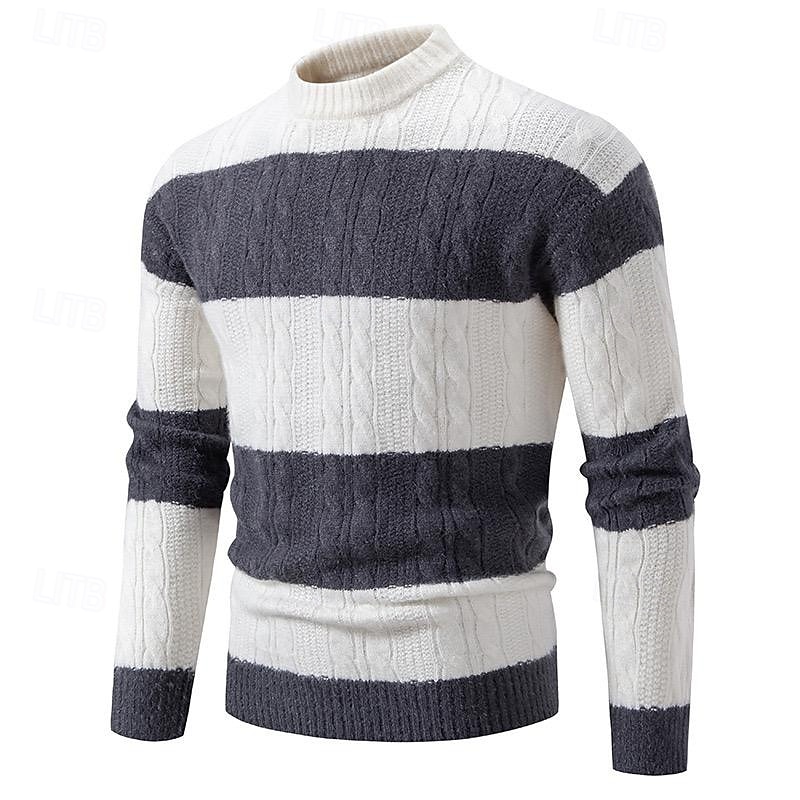 Men's Sweater Cable Chunky Knit Stripe Cable Stripe Crew Neck Christmas Elegant Formal Home Clothing Apparel Bishop Sleeve Fall Winter Black Brown M L XL 2025 - $35.99 –P3
