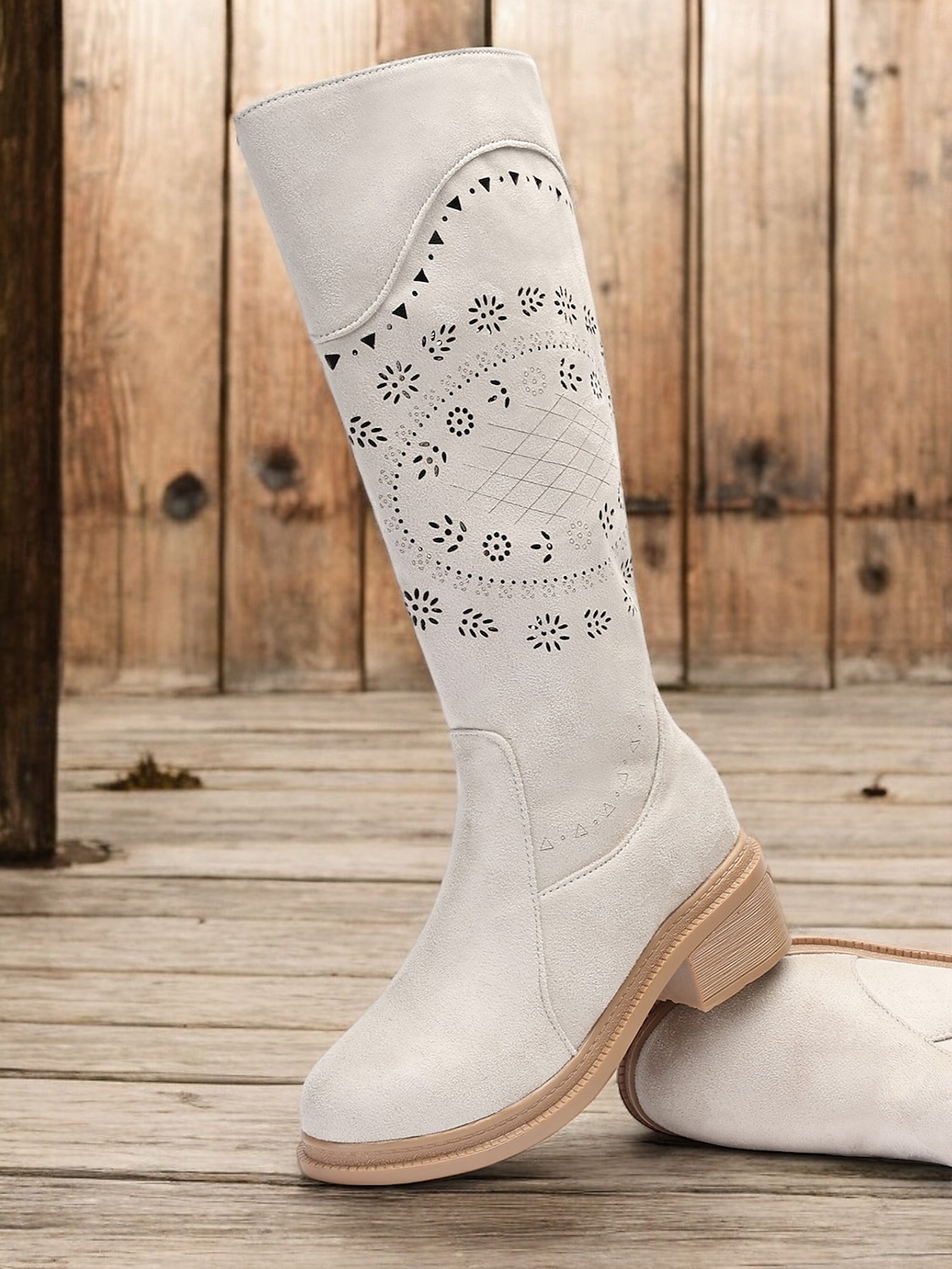 Women's Grey Embroidered Western Cowboy Boots with Laser Cut Detailing – Vintage Style Mid-Calf Riding Boots for Casual and Outdoor Wear 2025 - $64.99 –P1