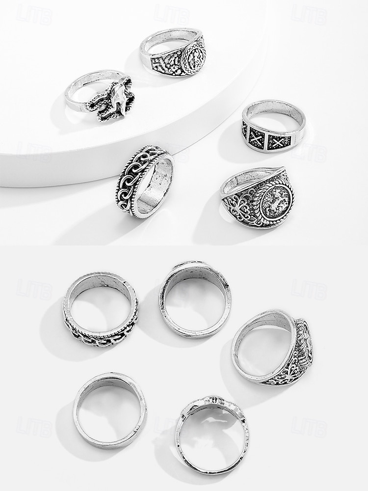 Vintage Style Men's Silver Alloy Ring Set with Geometric and Engraved Patterns – Retro Fashion Accessories for Everyday Wear 2025 - $11.99 –P4
