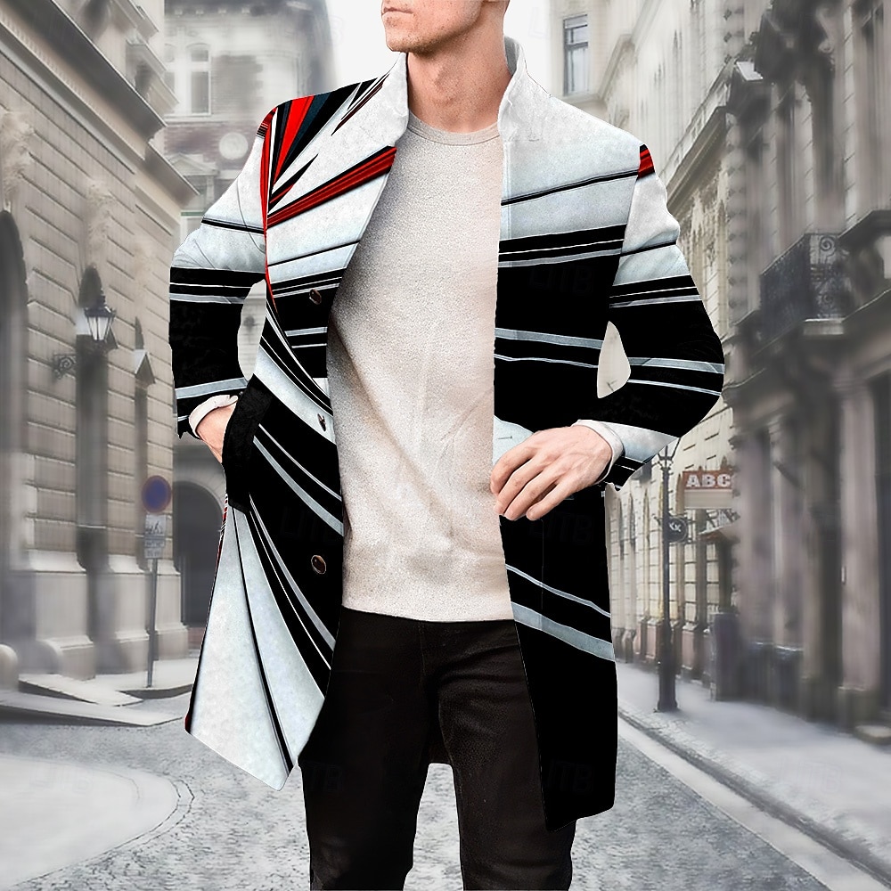 Men's Linear Winter Coat Fleece Jacket Overcoat Thermal Comfortable Business Casual Formal Outdoor Daily Wear Buttons 3D Print Front Pocket Winter Turndown Long Sleeve Black-white 2025 - $67.99 –P1