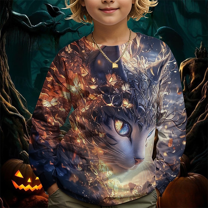 Pojkar 3D Grafisk Katt T-shirt Långärmad Vår Höst Mode Grundläggande Barn 4-12 år Rund hals Utomhus Ledigt Dagligen Normal 2025 - $13.99 –P3