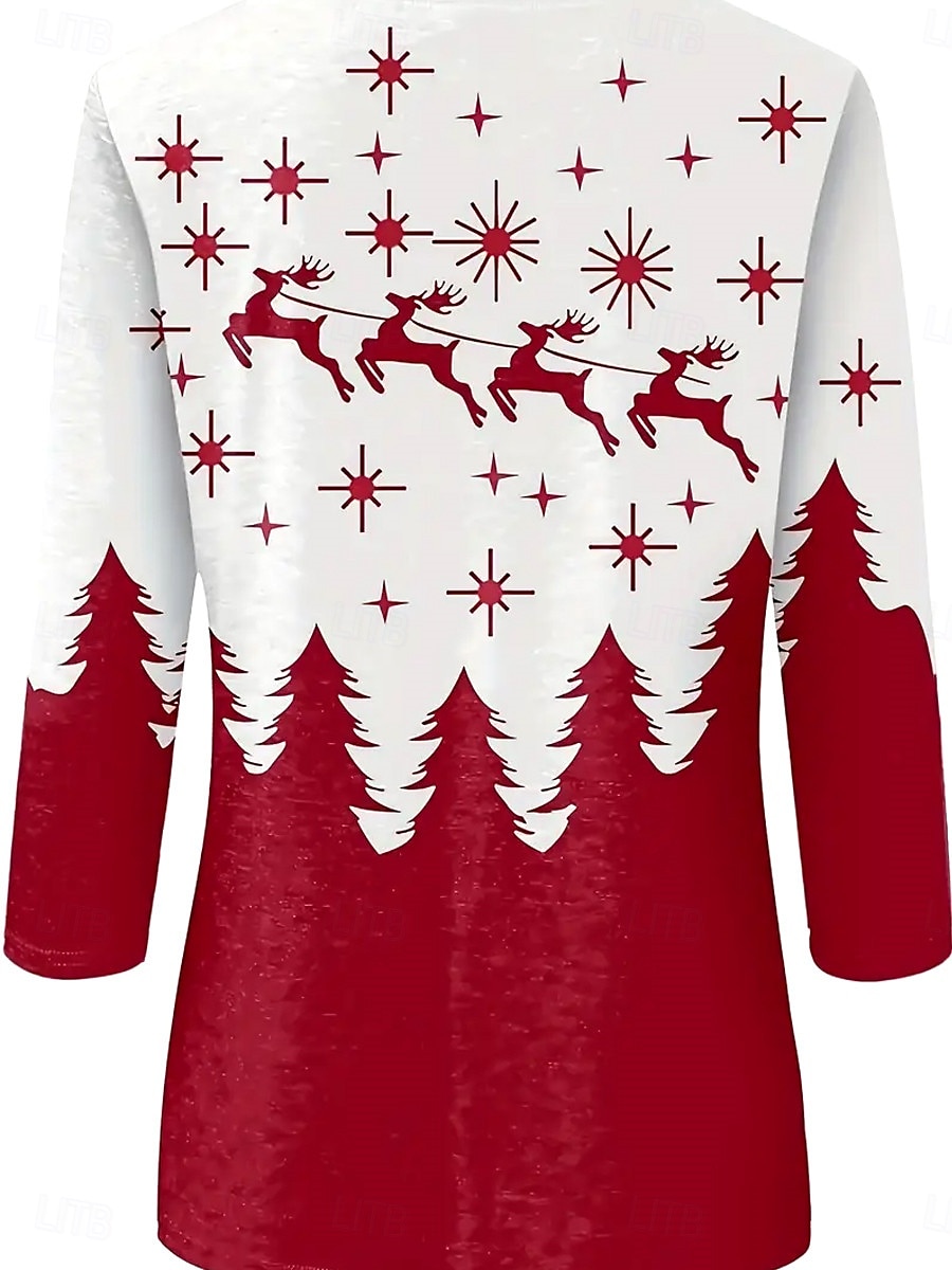 Camiseta de mujer con estampado de renos, pinos y estrellas, manga larga, cuello redondo, rojo, blanco, informal, festivo, ropa de fiesta 2025 - $22.99 –P3
