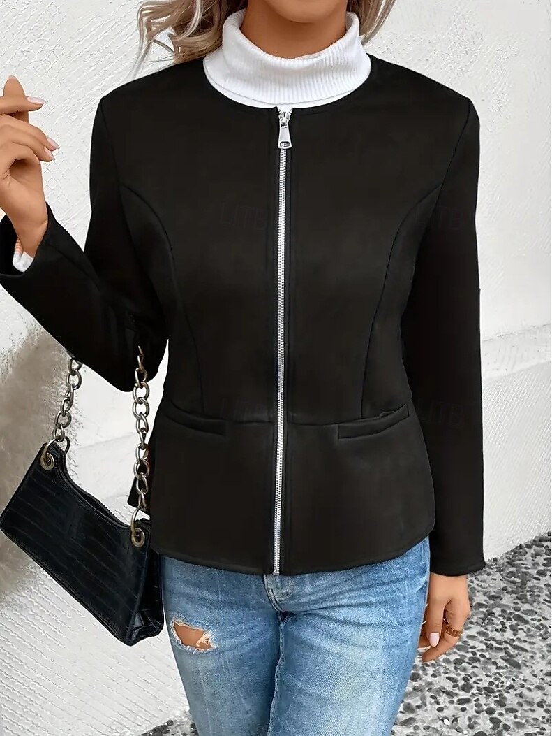 Damen Jacke Schulanfang Zip Feste Farbe Vintage Regular Fit Oberbekleidung Langarm Frühling Schwarz S 2025 - $28.99 –P6