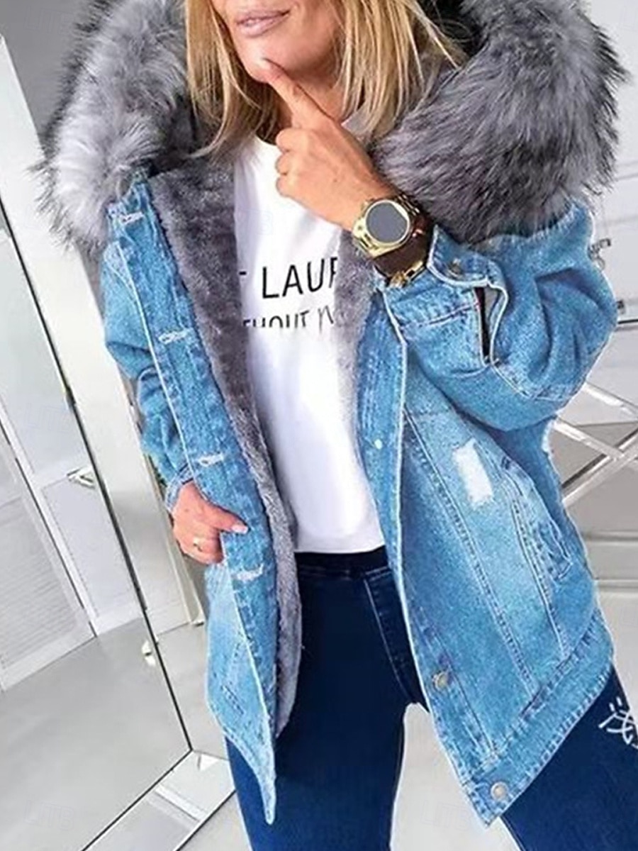 Dame Fleece-jakke Teddyfrakk Denimjakker Hold Varm Pustende Knapper Pelskrage Fritid عادي Feriereise Gate Dagligdagstøy Ut på byen Enkeltkneppet Normal Hettegenser Normal Langermet Yttertøy Lysebl 2025 - $73.99 –P2