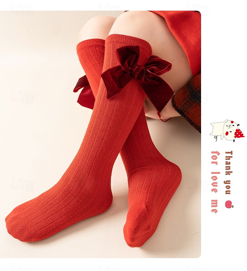 Kids Girls' Socks Children's Day Underwear Red Green Solid Colored Patchwork Fall Winter Lolita Daily Wear 3-12 Years Toddler Bow Sweet Cotton 2025 - $4.99 –P1