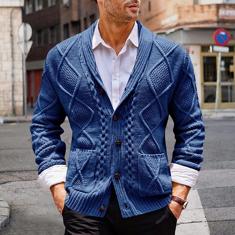 Herren Strickjacke Strickpullover Gedrehtes Stricken Standard Knopf hoch Seitentaschen Feste Farbe Kargen Modisch Klassisch Freizeitskleidung Verabredung Bekleidung Herbst Winter Schwarz Blau S M L 2025 - $44.99 –P4