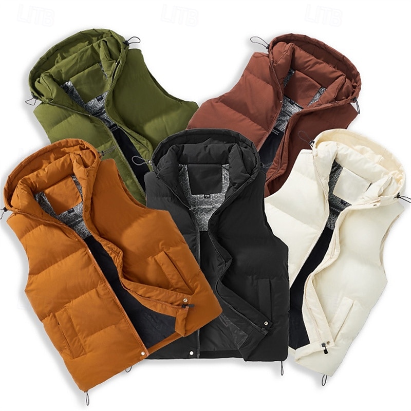 Pánské Puffer Vesta Vesta s kapucí Vesta Prošívaná vesta Denní Rande Dovolená Módní Na běžné nošení Podzim zima Kapsy Polyester Zahřívací Pohodlné Pevná barva Zip Kapuce Běžný Černá Hnědá Armádn 2025 - $50.99 –P2