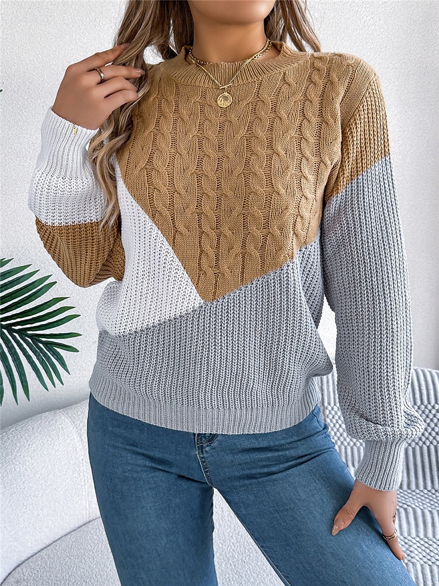 Dame Genser Pullover genser Fritid Myk Fargeblokk Riflet Crew-hals Lapper Strikket Langermet Vanlige topper Strikke utendørs Daglig Helg Svart Rosa Høst Vinter 2025 - $29.99 –P16