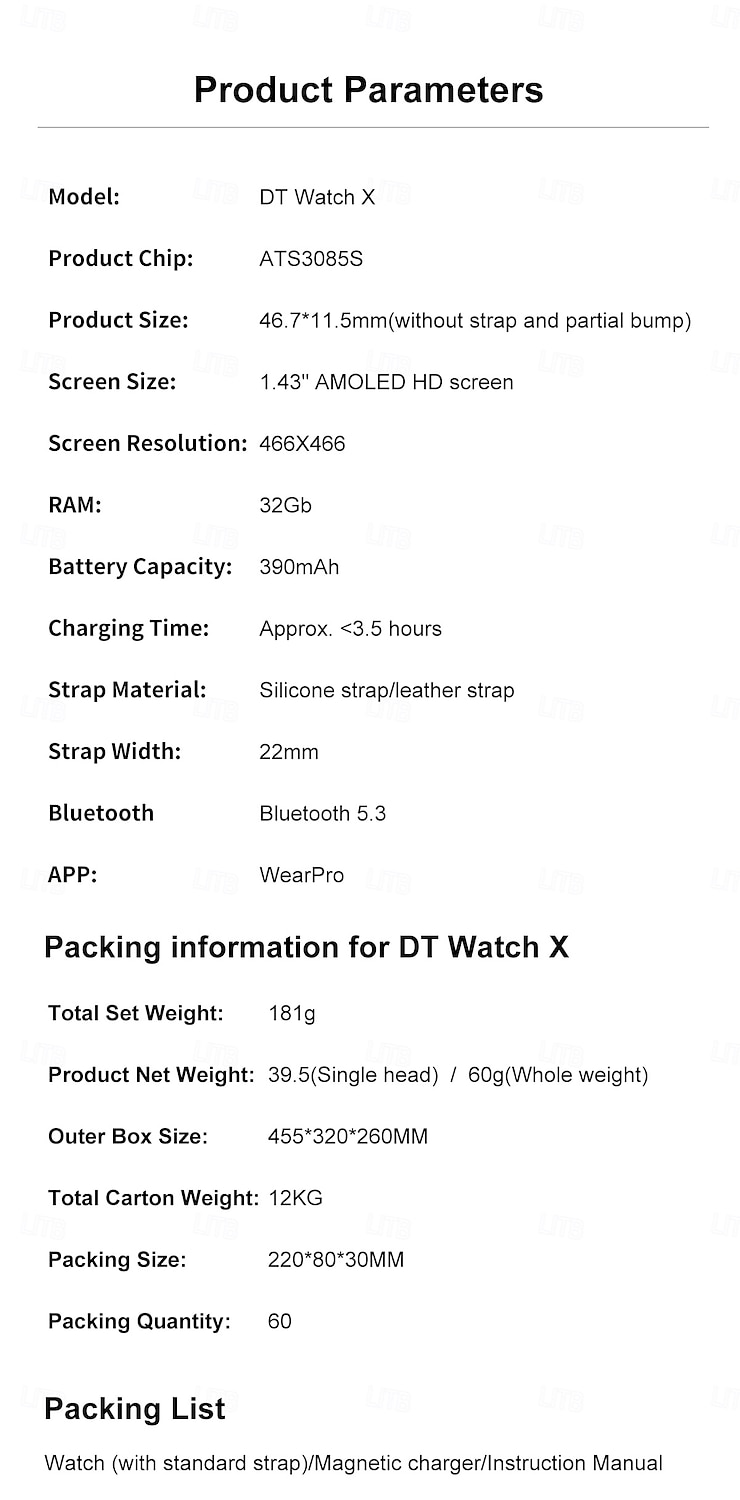 DT WATCH X Smart Watch 1.43 inch Smartwatch Fitness Running Watch Bluetooth Pedometer Call Reminder Fitness Tracker Compatible with Android iOS Men Long Standby Hands-Free Calls Waterproof IP 67 46mm 2025 - $69.99 –P17