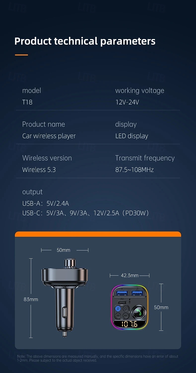 2025年 ワイヤレス Bluetooth カーアダプター Bluetooth 5.3 FM トランスミッター 補助ラジオ受信機 MP3 プレーヤー ハンズフリー通話 タイプ C USB カーチャージャー  コレクション – $16.99 –P17