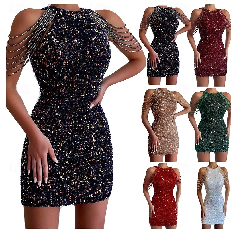 Pentru femei Paiete Rochie neagra Rochie Mini Simplu Gâtul halter Fără manșon Toamnă Iarnă Negru Maro Deschis 2025 - $68.99 –P1
