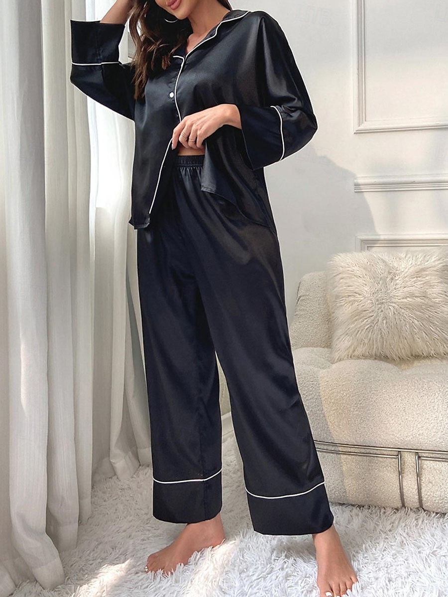 pyjamasset för kvinnor ren färg avslappnad komfort hem dagligen satin siden komfort varm lapel långärmad skjorta byxa knapp upp resår midja höst vinter hem outfits 2025 - $31.99 –P6