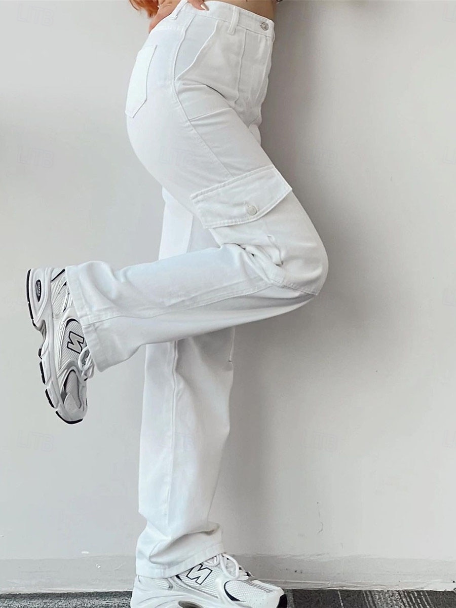 Damen Cargohose Cargohosen Chinesisch Chino Modisch Strassenmode In voller Länge Hoher Taillenbund Glatt Tasche Bequem Weich Komfortabel Mikro-elastisch Outdoor Strasse Weiß Grün Aprikose Frühling 2025 - $26.99 –P4