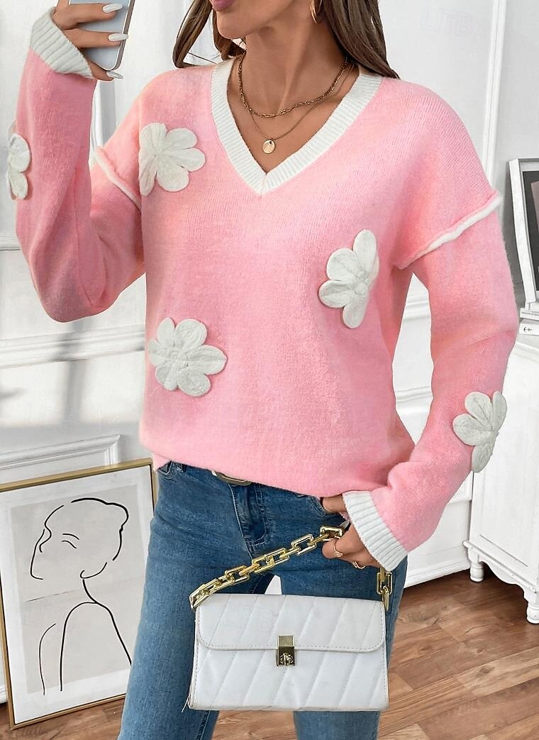 Women's Sweater Crew Neck Knit Embroidery Spring Fall Elegant 3/4 Length Sleeve Solid Color Pink 2025 - $61.99 –P5