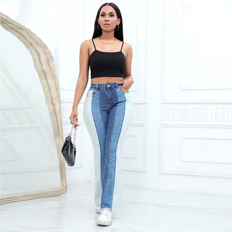 Dam Vanligt Jeans Streetwear Stylish Fullängd Hög midja Färgblock Lappverk Andningsfunktion Mjuk Bekväm Microelastisk Dagligen Utekväll Svart Blå Vår & Höst Normal 2025 - $36.99 –P6