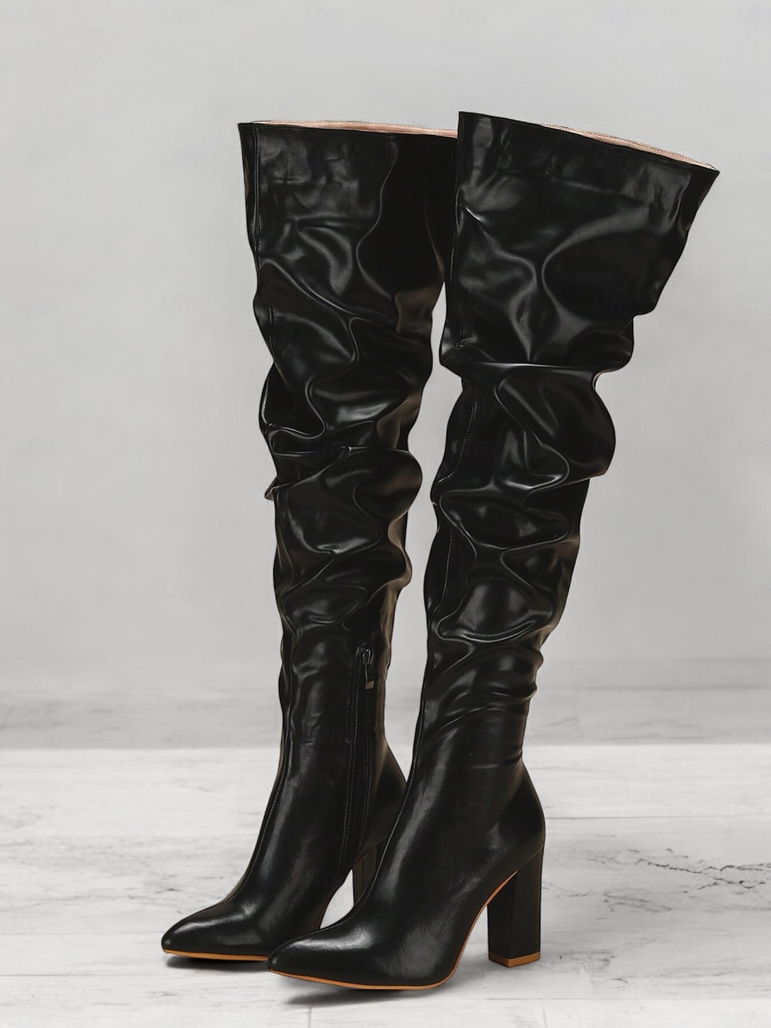 botas femininas pretas largas acima do joelho – bico fino estiloso com salto bloco para moda de inverno e roupas de noite de 2025 por $59.99 –P1