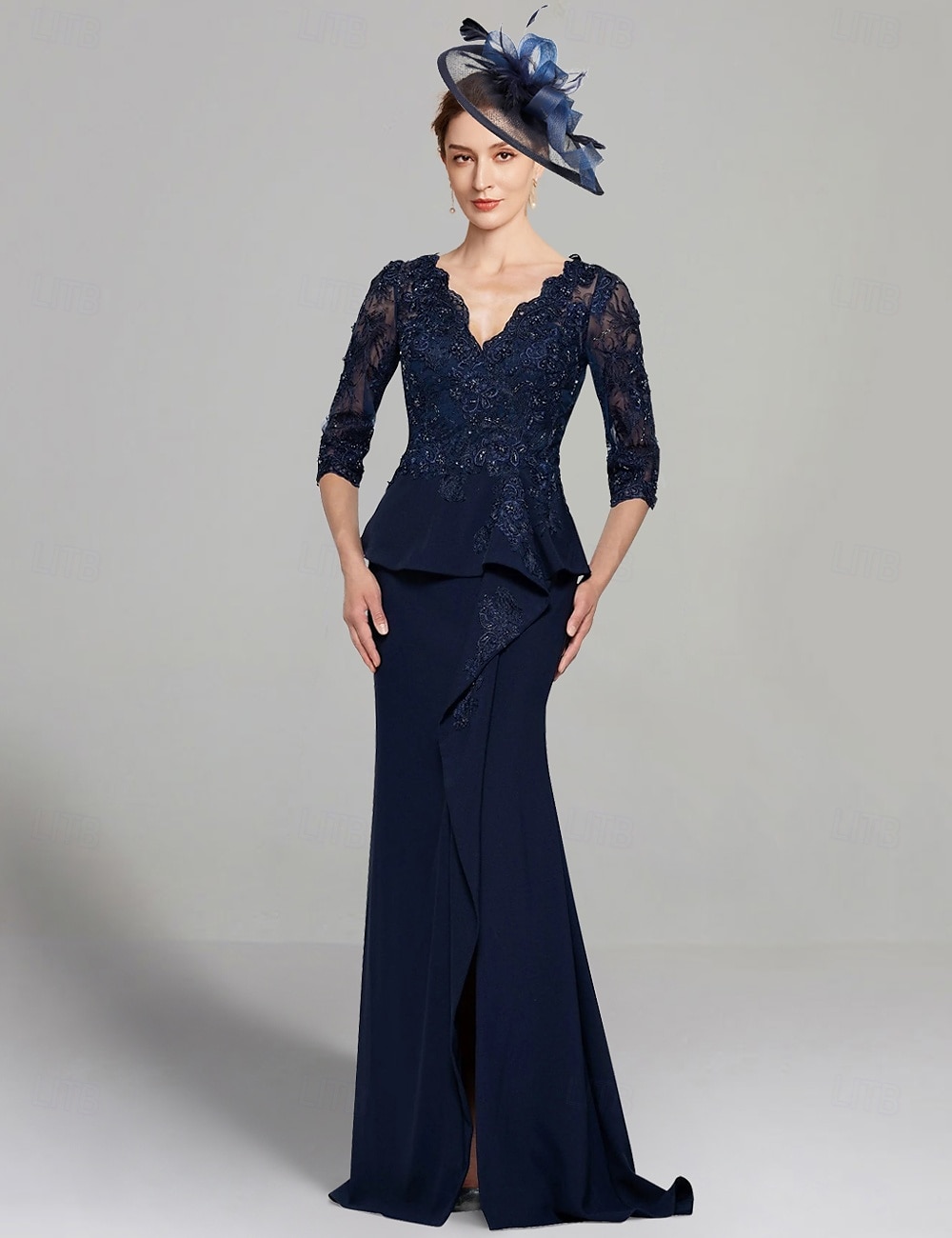 Schich Kleid Mutter-der-Braut Kleid Elegantes V-Ausschnitt bodenlang Stretch-Chiffon 3/4-lange Ärmel mit Spitzenfalten einfarbig 2025 - $184.99 –P3